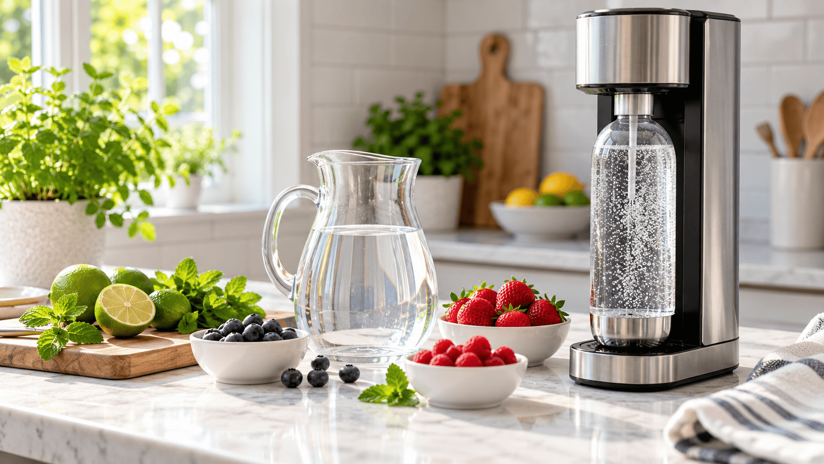 A home carbonation machine next to a pitcher of pure still water and fresh fruit, showing how to stay hydrated with sparkling water.