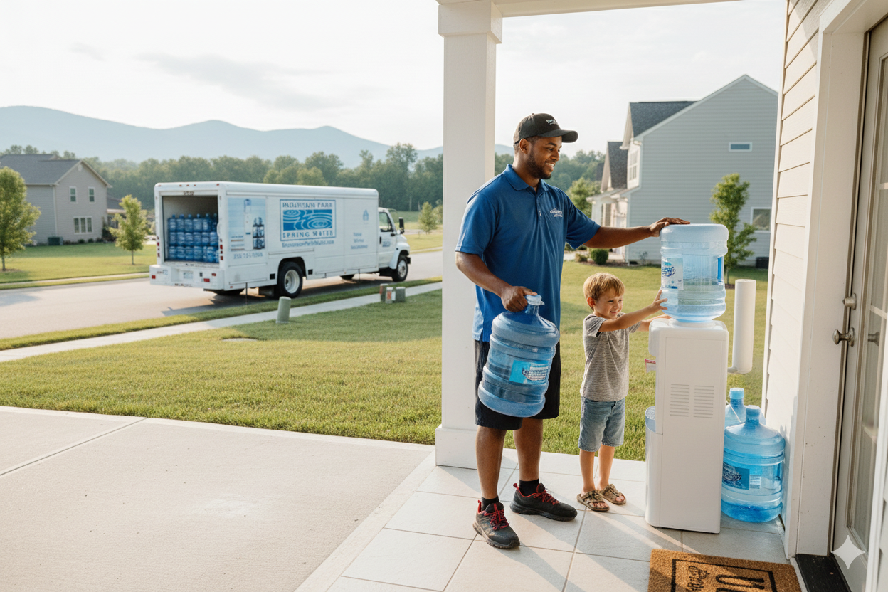 Mountain Park delivery driver carrying water from the delivery truck to a customer's front door