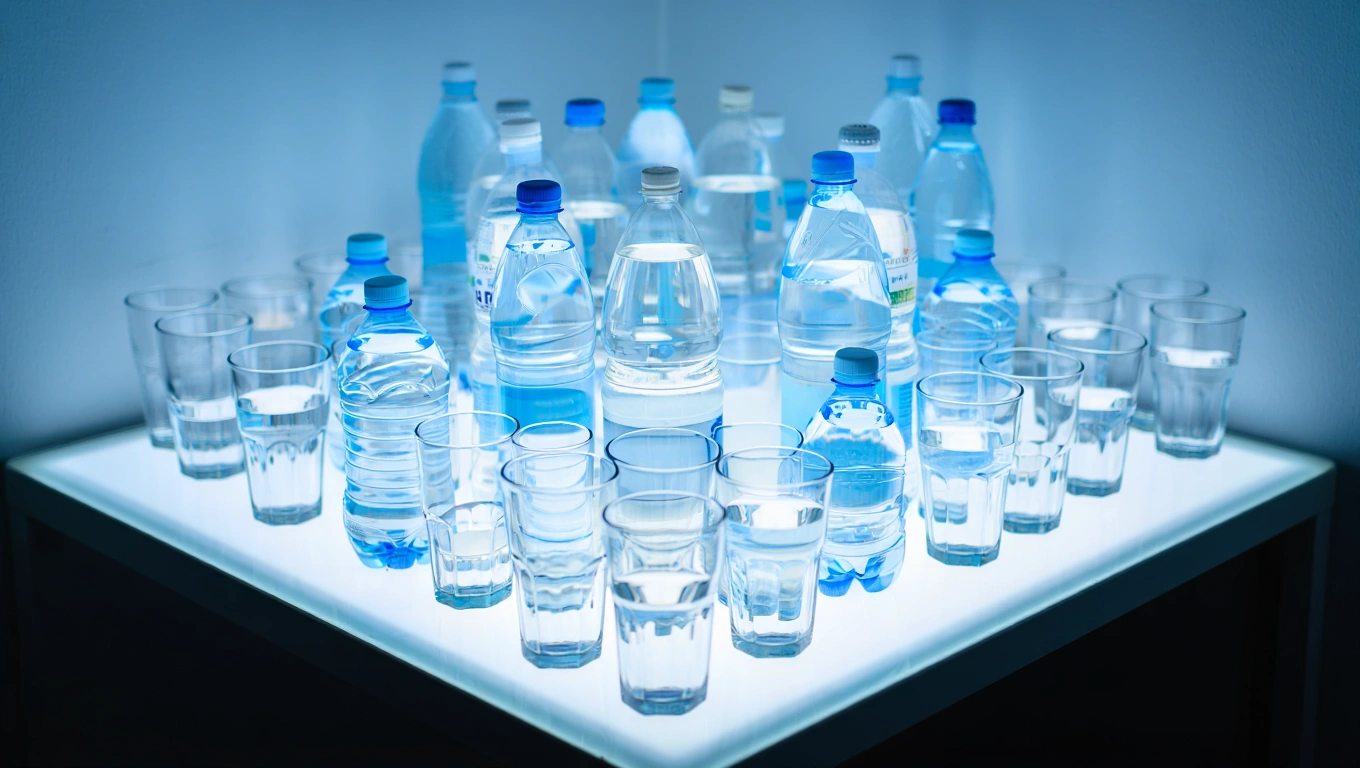 How Much Water Is Too Much About 50 Bottles And Glasses Of Water On Square Table With Various Amounts Of Water In Each Of Them