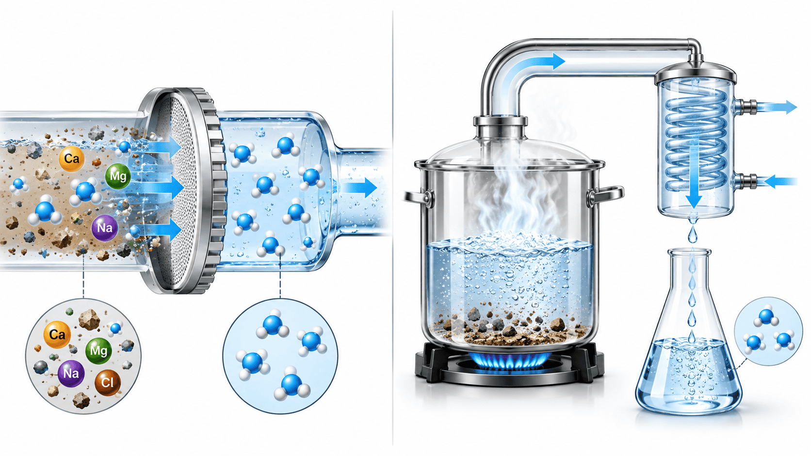 Side-by-side diagram comparing reverse osmosis membrane filtration with steam distillation for removing dissolved minerals from water.